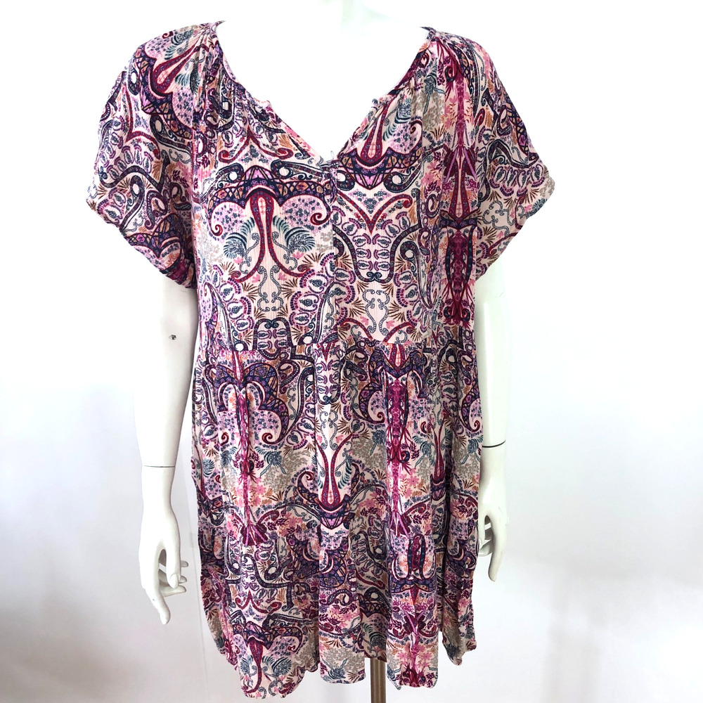 Knox Rose XL Flowy V-Neck Pullover Tunic Top Blouse All Over Print Pink MINT